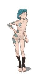 arcane arcane_jinx arm_on_hip arm_tattoo arm_tattoos barefoot black_legwear blue_hair blue_tattoo body_art body_tattoo ear_piercing eyebrows feet feet_together female flat_belly flat_chest flat_chested flat_color flat_colors flat_colr footless_legwear footless_socks footless_stockings full_body hip_tilt jinx_(arcane) jinx_(league_of_legends) league_of_legends leaning_forward legwarmers legwear legwear_only nipples pixie_cut powder_(arcane) pubic_hair purple_eyeshadow red_lipstick short_blue_hair short_hair skinny skinny_female skinny_girl skinny_legs skinny_waist slim slim_girl slim_waist socks solo tattoo topdown trimmed_pubic_hair white_body white_skin white_toenail_polish white_toenails white_toes wolfcut