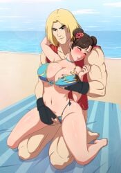absurdres barefoot beach beach_towel bikini black_gloves blonde_hair blue_choker blush bow brown_hair capcom choker chun-li closed_eyes clothed_sex clothing_aside double_bun fingering fingering_from_behind flower gloves grabbing_another's_breast groping hair_bun hair_flower hair_ornament hair_tie highres ken_masters non-web_source ocean panties panties_aside sand sex sex_from_behind street_fighter swimsuit towel underwear