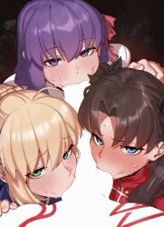 3girls 3girls1boy blonde_hair blowjob brown_hair censored_penis deitysexual eye_contact fate/grand_order fate/stay_night fate_(series) female male matou_sakura passion_lip pov pov_male purple_hair saber tohsaka_rin triple_fellatio