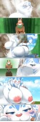 2023 absurd_res anthro areola ass backpack bamboo big_breasts big_butt blue_ears blue_eyes blue_markings blue_sky blue_tail_tip blush bodily_fluids breasts brown_body brown_clothing brown_fur closed_eyes clothing cloud comic day dipstick_tail duo extreme_size_difference facial_markings felid female fur hand_on_breast head_markings heart_symbol hi_res huge_breasts kemono kify larger_female looking_at_another looming macro macro_female male mammal markings noticing pantherine pink_areola raised_hand size_difference sky smaller_male smile striped_markings stripes sweat tail tail_markings tiger voluptuous_female waterfall waterfall_shower white_body