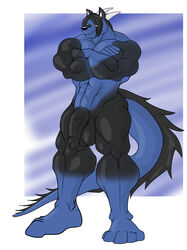 1boy anthro balls canine dragon fur furry horns hybrid male male_only muscles nude penis presenting scalie solo standing tail unknownwolf wolf