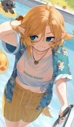 1girls ahoge blonde_hair dog dokibird dokibird_(beach_episode) getting_out_of_pool indie_virtual_youtuber nipples_visible_through_clothing pointed_ears pool small_breasts wet_clothing wet_shirt