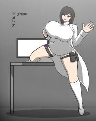black_eyes black_hair black_iris computer desk drajoe high_heels johana_(drajoe) labcoat leg_up long_sleeves long_socks oc open_legs original original_character royal_scientist scientist table text tounge_out white_outfit xfacility