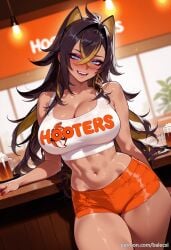 ai_generated balecxi bare_shoulders black_hair blue_eyes blurry blurry_background blush brown_hair cleavage crop_top crossed_bangs cup dark-skinned_female dehya_(genshin_impact) earrings employee_uniform female genshin_impact hair_between_eyes jewelry large_breasts long_hair looking_at_viewer midriff multicolored_hair nail_polish navel open_mouth orange_shorts patreon_username red_nails short_shorts smile solo stomach tank_top thighs