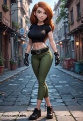 ai_generated artist_name belt black_belt black_footwear black_gloves black_shirt blurry blurry_background breasts brown_hair crop_top cropped_shirt day disney disney_channel female full_body gloves green_eyes green_pants kim_possible kimberly_ann_possible large_breasts lips long_hair looking_at_viewer midriff navel outdoors pants patreon_username plant road shirt shoes short_sleeves smile solo standing street taut_shirt walking watermark web_address xadrid
