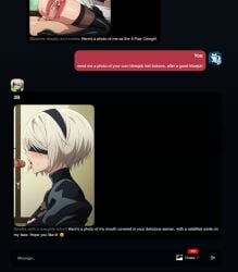 1boy 2b after_fellatio ai_generated bar_censor black_blindfold black_dress black_hairband blindfold covered_eyes cum cum_in_mouth dress erection facial fellatio female from_side gloves hairband juliet_sleeves lips long_sleeves mole mole_under_mouth nier:_automata open_mouth oral penis pink_lips profile puffy_sleeves saliva short_hair silver_hair solo_focus straight tassel tongue tongue_out uncensored upper_body veiny_penis yorha_2b yorha_no._2_type_b