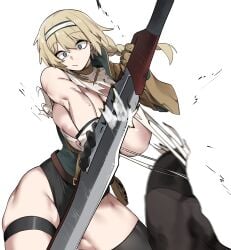 assisted_exposure breasts female nipple tearing_open_top torn_open_top urec weapon