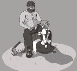 axe belt big_breasts breasts hairy_armpits hairy_male little_red_riding_hood male penis restrained