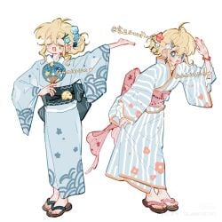 absurdres alternate back blonde_hair bow floral guanfive highres holding non-web_source paper twin watermark