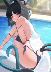 absurdres allied_hyakkiyako_academy_student alternate_costume animal_ears ass bikini black_eyes black_hair blue_archive blue_bikini breasts butt_crack cat_ears female from_behind gradient_halo gradient_tail halo highres hyakkaryouran_conflict_resolution_council_(blue_archive) jiang_(kplrt_07) kikyou_(blue_archive) kikyou_(swimsuit)_(blue_archive) large_breasts looking_at_viewer looking_back multi-strapped_bikini_bottom multi-strapped_bikini_top multicolored_halo multiple_tails official_art paid_reward_available pool short_hair side-tie_bikini_bottom sideboob solo string_bikini swimsuit tail towel two_tails