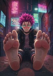 ai ai_generated anime_style blush cyberpunk feet feet_focus futuristic green_eyes male male_feet male_only musky_feet shy shy_guy skater solo_male sweaty_feet