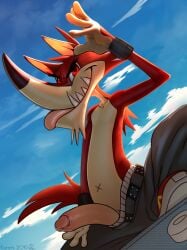 1boy 4k 5_fingers absurd_res baggy_pants belly_button blue_sky bracelet clouds decker_(go!_go!_hypergrind) footwear fur furry furry_only go!_go!_hypergrind hi_res korichi male male_only penis red_eyes red_fur skateboard sky sky_background solo tagme tail tongue_out underwear video_games visible_underwear white_underwear wolf