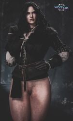 3d black_hair cd_projekt_red female forest gloves grvty3d half-dressed half_naked light-skinned_female looking_at_viewer mascara necklace no_panties outdoors purple_eyes pussy shaved_pussy solo solo_female the_witcher_(series) the_witcher_3:_wild_hunt yennefer