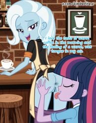 2girls ai_generated anus ass coffee_mug dress female hasbro highres kimberlite_moonbow looking_back my_little_pony my_little_pony_equestria_girls pussy self-upload sexy skirt_lift solo trixie_lulamoon twilight_sparkle_(eg) uncensored url yuri