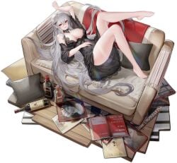 arm_up azur_lane bare_legs bare_shoulders barefoot black_background black_choker black_dress black_nails blush book bottle breasts cg choker cleavage couch dress feet female full_body gangut_(azur_lane) gangut_(keeper_of_the_firewater)_(azur_lane) grey_hair hair_between_eyes hair_ornament hand_on_own_stomach jacket laptop large_breasts leg_up legs long_hair looking_at_viewer lying magazine_(object) nail_polish official_alternate_costume official_art on_back on_couch pillow red_eyes silver_hair smile solo thighs very_long_hair wine_bottle