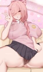 anal_hair anus anus_hair areolae_visible_through_clothing ass breasts chubby chubby_female floppy_breasts hairy hairy_anus hairy_pussy huge_breasts huge_nipples kurameki_kyou kuramekira lactating lactation lactation_through_clothes leaking_milk mature mature_female one_eye_covered peace_sign ponytail pubes pubic_hair pussy pussy_juice pussy_juice_drip pussy_lips skirt skirt_lift squish squished_breasts teacher thick_hips thick_thighs