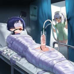 1girl ai_generated arms_behind_back ball_gag balls belt belt_bondage blindfold bondage bound covered_eyes covered_mouth cum cum_string curtain curtains dominant_female dominant_female_submissive_male ejaculation femboy gagged genshin_impact hospital hospital_bed huge_cock indoors kidnapped kidnapped_male large_penis legs_together medical_instrument mummification mummified nahida_(genshin_impact) nurse nurse_cap nurse_uniform penis penis_milking penis_milking_machine pipe scaramouche_(genshin_impact) steam steaming_body submissive_male sweat sweatdrop sweating sweaty tape testicles white_blindfold wrapped wrapped_up