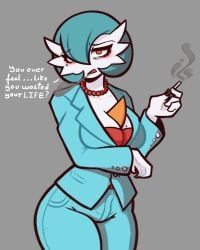 alternate_color arm_under_breasts beauty_mark beauty_mark_on_breasts beauty_mark_under_eye blowing_smoke cigarette gardevoir generation_3_pokemon hourglass hourglass_figure humanoid humanoid_female humanoid_only luigi_thor_(artist) natasha_(activeajames) nintendo not_furry pokemon pokemon_(species) shiny_gardevoir shiny_pokemon smoking twitter_link