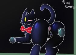 anthro anus ass balls bodily_fluids bow_tie butt_squish cat_mike_(deltarune) deltarune deltarune_chapter_4 electronics felid feline genitals male mammal microphone mike_(deltarune) one_eye_closed pluey_(deltarune) rear_view shadowkat simple_background solo squish sweat tagme undertale_(series) wink