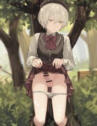 1boy bar_censor bishounen blonde_hair blush bow bowtie censored clothes_lift come_hither crossdressing erection green_eyes hat lifting_own_clothes male_focus original otoko_no_ko outdoors panties panty_pull penis school_uniform short_hair skirt solo sunaba_(nczd5875) underwear