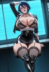 ai_generated akinama_family_(noir-black-shooter) big_breasts black_lingerie dark_blue_hair huge_breasts milf naoki_akinama_(noir-black-shooter) noir-black-shooter oc office_lady open_clothes original original_character purple_eyes short_hair teacher