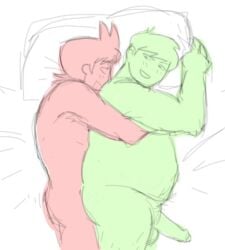 2boys chubby chubby_belly chubby_male edd_(eddsworld) eddsworld erect_penis erection fat fat_belly fat_male gay gay_sex hanging_belly male male/male male_only on_bed on_side side_sex smiling_at_partner tord tord_(eddsworld) yaoi