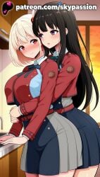 2025 2girls ai_assisted ai_generated anime artist_name big_breasts big_breasts big_breasts big_chest black_hair blonde_hair blush breasts breasts breasts bust busty chest clothed_female hi_res high_quality high_resolution highres hug hug_from_behind hugging hugging_from_behind indoors inoue_takina large_breasts long_hair lycoris_recoil multiple_girls nishikigi_chisato patreon patreon_username purple_eyes red_eyes red_jacket ribbon skirt skypassion stable_diffusion thighhighs watermark yuri