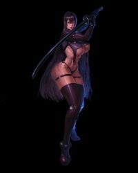 abs areola_slip female gantz_suit highschool_of_the_dead lagon_(artist) nipple_slip saeko_busujima thighs underboob weapon