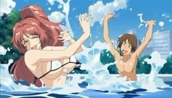 1boy 1boy1girl 1girl1boy 1girls aniyome_wa_ijippari big_breasts bikini bikini_top breasts brown_hair busty cleavage duo duo_focus erect_nipples erect_nipples_under_bikini female happy inner_sideboob katsuragi_tsutomu large_breasts long_hair male male/female micro_bikini nipples open_mouth ponytail red_hair sideboob smile smiling splashing tagme takama_kozue water water_park