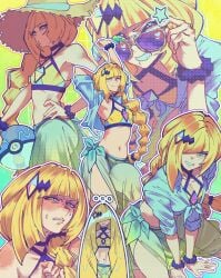 1girls absurdres adapted_costume andrich_galam bare_shoulders bikini blonde_hair blush breasts closed_mouth commentary english_commentary female green_eyes hair_over_one_eye hat highres long_hair looking_at_viewer lusamine_(pokemon) mature_female midriff navel nintendo one_eye_closed open_clothes open_mouth pokemon pokemon_masters pokemon_masters_ex sarong shirt smile solo stomach straw_hat sun_hat sunglasses swimsuit sygna_suit_lusamine very_long_hair