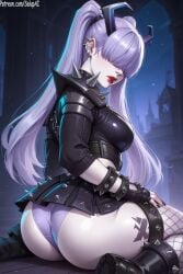 1girls ai_generated ass ass_focus bangs_over_eyes clothed clothing covered_eyes female female_only fishnet_thighhighs fishnets from_behind horns light_purple_hair lipstick long_hair looking_at_viewer magik_(illyana_rasputin) magik_(marvel_rivals) magik_(punkchild) marvel marvel_rivals medium_breasts on_knees panties patreon purple_hair salupai skirt skirt_up solo solo_female thick_thighs thighs twintails uncensored watermark