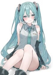 blank_background blue_eyes blue_hair cute embarrassed female female_only hatsune_miku karyln knees_together_feet_apart looking_aside sitting skirt twintails vocaloid