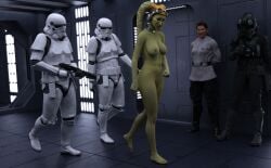 2girls 3boys 3d combatcourtesan daz3d daz_studio green-skinned_female green_skin gun hera_syndulla nude nude_female only_one_naked star_wars_rebels stormtrooper twi'lek weapon