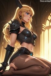 1girls ai_generated ass blonde_hair blue_eyes clothed clothing earrings elbow_gloves female female_only from_below hair_ornament long_hair looking_away magik_(illyana_rasputin) magik_(marvel_rivals) marvel marvel_rivals medium_breasts midriff navel on_knees pantyhose patreon ripped_pantyhose salupai shorts side_view solo solo_female thick_thighs thighs topwear uncensored watermark