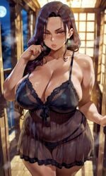 ai_generated big_breasts bigbizarts brown_skinned_female chubby_female cougar curvaceous ebony lingerie mature_female milf seductive_look seductive_pose thick_lips thick_thighs voluptuous_female
