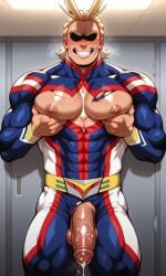 1boy abs ai_generated all_might balls bara barazoku big_pecs big_penis blonde_hair blush cum cum_leaking_out_of_penis cumming flaccid_penis gay grabbing_own_pecs grin holding_own_breast holding_pecs lifting_breast looking_at_viewer male male_focus male_only masculine_male mature_male muscles muscular muscular_male my_hero_academia posing ripped_clothing ripped_suit solo solo_male superhero tight_clothes tight_clothing toshinori_yagi