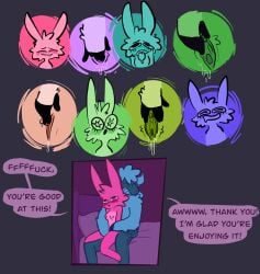 absurd_res anthro bite biting_lip blush bodily_fluids bovid breasts caprine clitoral_fingering comic drooling duo female finger_fuck fingering genital_fluids genitals hi_res lagomorph male male/female mammal nude on_lap pussy reactions restricted_palette saffron_(unicorn_blood) saliva sheep simple_background sitting_on_lap small_breasts smile speech_bubble spread_pussy spreading tongue tongue_out tulip_(unicorn_blood) vaginal_fluids vaginal_penetration vanilla_candy