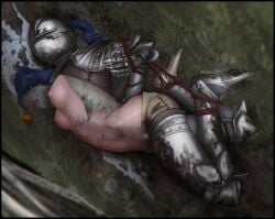 1girls armor armored_female arms_tied bondage breasts breasts_out clothing defeated defeated_heroine dirty female female_only helmet laying_on_ground legs_tied lying_on_ground medium_breasts nipples open_clothes original partially_clothed razdulf ripped_clothing rope rope_bondage sideboob tied tied_up topless