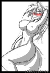 anthro armpits big_breasts blush breasts canine color dracojeff embarrassed female fur furry hair navel nipples nude pose red_wolf rule_63 sketch solo spot_color tail wolf wolf_nanaki