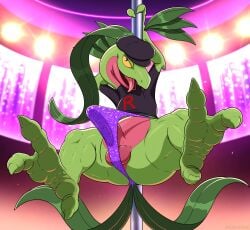 absurd_res anthro ass balls bulge butt_from_the_front clothing dancing digital_media_(artwork) dracovar_valeford erection feet foot_fetish generation_3_pokemon genitals green_body grovyle hat headgear headwear hi_res humanoid_genitalia humanoid_penis leaf leaf_hair leaf_tail looking_at_viewer male multicolored_body nintendo open_mouth penis plant plant_hair pokemon pokemon_(species) pole pole_dancing pseudo_hair red_body semi-anthro shirt smile solo tail team_rocket team_rocket_uniform thong tongue tongue_out topwear two_tone_body underwear yellow_sclera