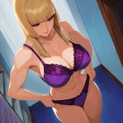 1:1_aspect_ratio abs adjusting_clothes adjusting_panties adjusting_underwear ai-created ai_generated bangs bare_shoulders blonde_hair blue_eyes blunt_bangs bra breasts clavicle cleavage closed_mouth clothing covered_erect_nipples curvaceous emilie_de_rochefort erect_nipples_under_clothes female female_only huge_breasts indoors large_breasts lingerie lips long_hair looking_down makeup muscle muscular_female navel pantsu purple_bra purple_eyes purple_panties purple_underwear smile solo standing tekken thick_thighs thighs tile_floor tiles underwear underwear_only window