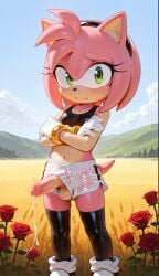 ai_generated amy_rose black_hairband blush crossed_arms cumming erect_penis erection exposed_penis femboy fur furry green_eyes idw_comics idw_publishing mobian mobian_(species) mobian_hedgehog outdoors pink_fur rule_63 rule_63 sega shy solo thighhighs translucent_underwear