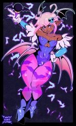bat_wings brown_skin crossover crossover_cosplay darkstalkers ecchi fanart femboy gay gay_art gloves jin_(punch_punch_forever!) morrigan_aensland morrigan_aensland_(cosplay) nipples_visible_through_clothing pin_up pink_hair punch_punch_forever! purple_body takoyakipunk thick_thighs tongue_out white_gloves