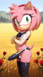 ai_generated amy_rose black_legwear black_underwear blush crossed_arms cumdrip_through_panties cumming_through_underwear femboy glancing green_eyes idw_comics idw_publishing mobian_(species) mobian_hedgehog outdoors pink_fur rule_63 rule_63 solo sports_bra thighhighs tight_clothing undersized_underwear viewed_from_side