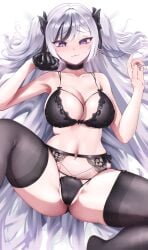 :3 absurdres azur_lane black_bow black_bra black_choker black_gloves black_hair black_panties blue_eyes blush bow bra breasts choker cleavage commission elbe_(azur_lane) female gloves gradient_eyes hair_over_one_eye hairbow hands_up heart heart_o-ring highres knee_up large_breasts leg_up lhoting long_hair looking_at_viewer looking_down lying multicolored_eyes multicolored_hair navel o-ring on_back panties pixiv_commission purple_eyes single_glove solo spread_legs stomach streaked_hair thighhighs thighs two-tone_hair underwear underwear_only very_long_hair white_hair