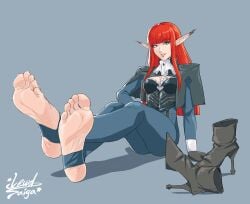 1girls artist_name artist_signature atlus boob_window breasts clothed clothed_female clothing eiselin_hulkenberg elf elf_ears elf_female elf_girl feet feet_focus feet_up female foot_fetish foot_focus lewdsaiga metaphor:_refantazio red_hair sega simple_background solo solo_female solo_focus
