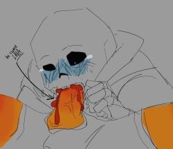 2boys blowjob blush cum cumming cumming_in_mouth fire_body grillby lava lava_cum male male/male male_only no_eyes orange_body sans sans_(undertale) shocked skeleton tears undertale undertale_(series) vein veiny veiny_penis yaoi