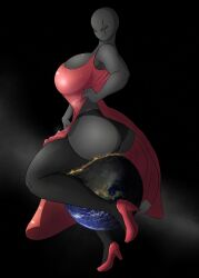 1girls alien alien_girl apocalypse ass big_ass black_sclera colonel-gabbo dark_grey_skin destruction dress earth female giantess heels macro macro_female planetary_macro red_dress red_heels scar scar_across_eye
