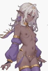 absurdres arabian_clothes armlet breasts dancer dark_elf dark_skin earrings elf female female_pubic_hair gem gold_trim harem_outfit head_chain highres jewelry long_hair long_sleeves neck_ring nipples nude original pointy_ears pubic_hair puffy_long_sleeves puffy_sleeves pussy red_eyes revealing_clothes simple_background skinny small_breasts solo sparse_pubic_hair thighhighs thighs txooxt white_background white_hair white_pubic_hair