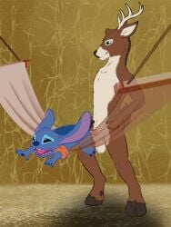 absurd_res anthro balls deer disney duo feryl_(character) genitals hammock hi_res lilo_and_stitch male male/male mammal penis stitch_(lilo_and_stitch) zandertheraccoon